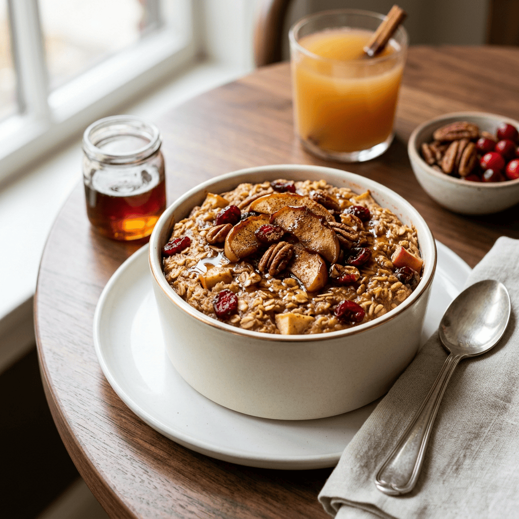 Bowl of oatmeal topped with apples, cranberries, and pecans beside orange juice
