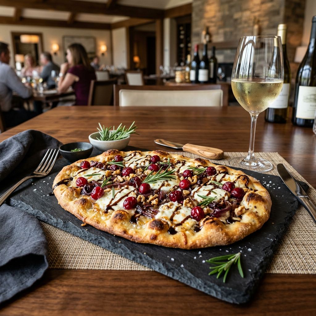 Flatbread topped with cranberries, walnuts, cheese, and rosemary beside white wine