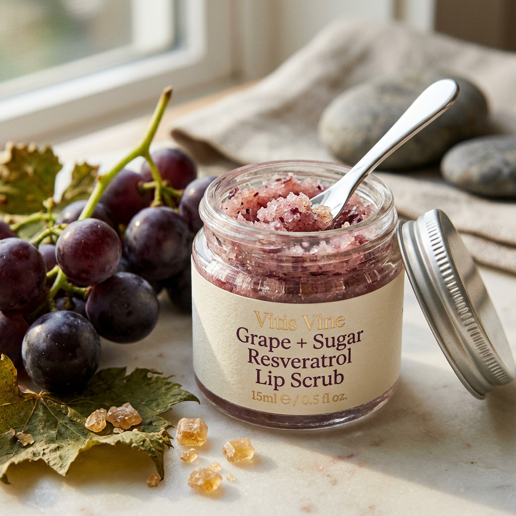 Jar labeled Vitis Vine Grape + Sugar Resveratrol Lip Scrub with grapes