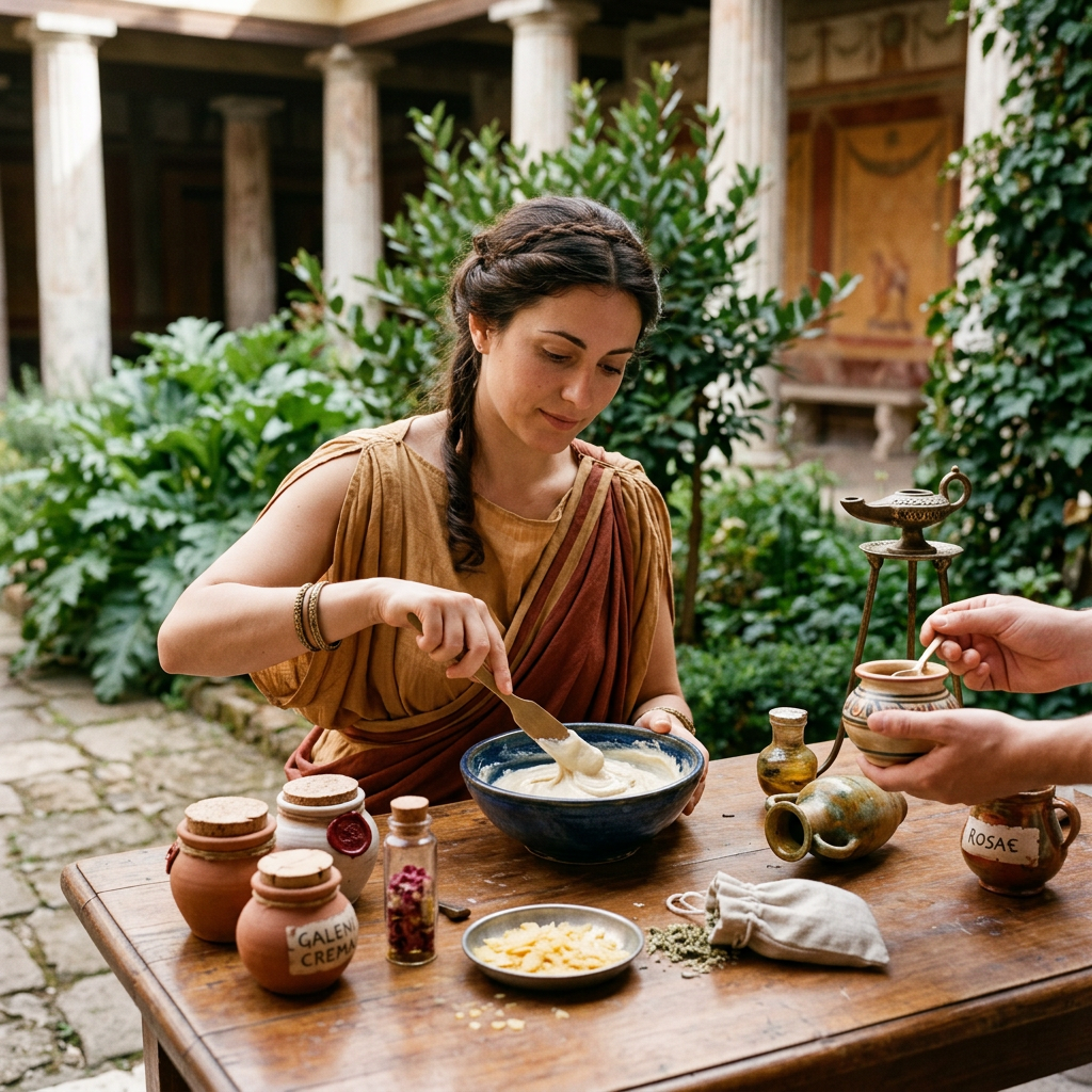Woman mixing cream in a garden courtyard; jars labeled GALEN CREME and ROSAE