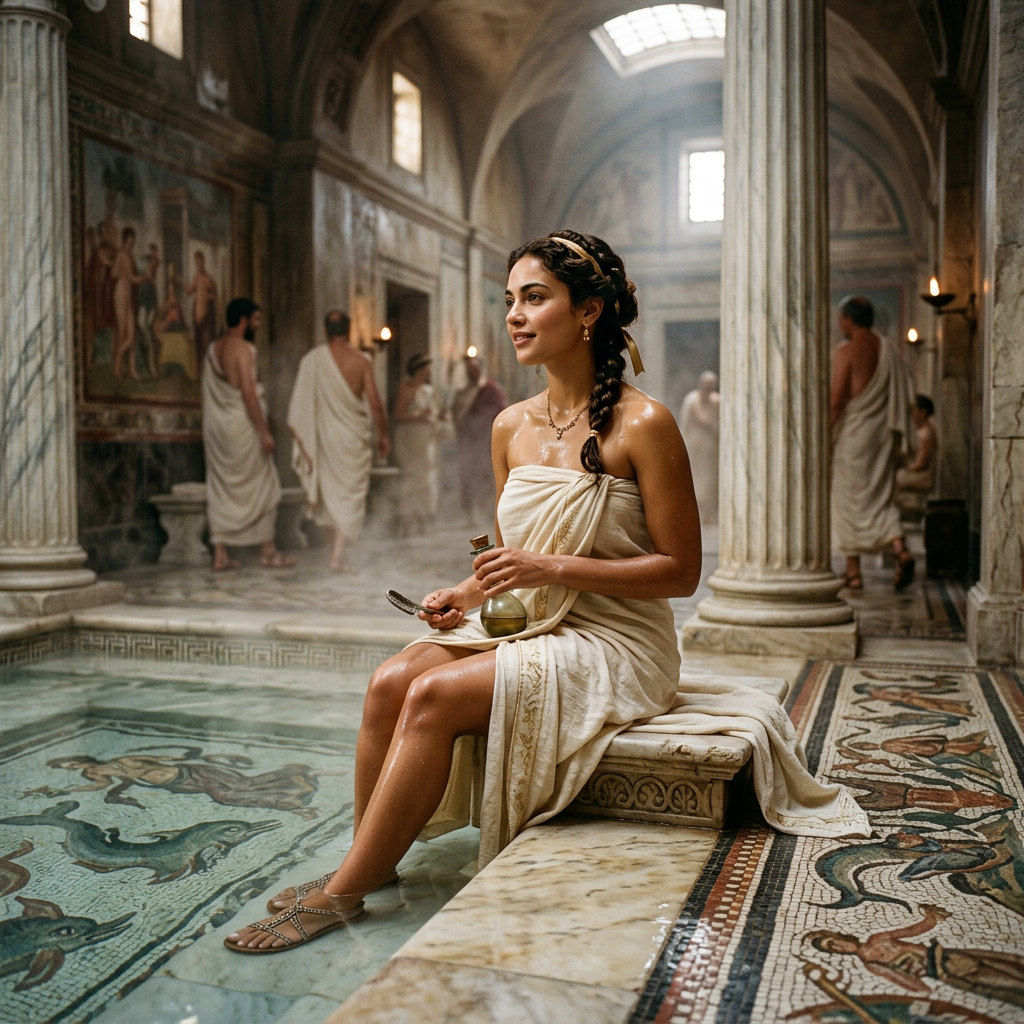 Woman in Roman attire seated beside a mosaic-lined bathhouse pool