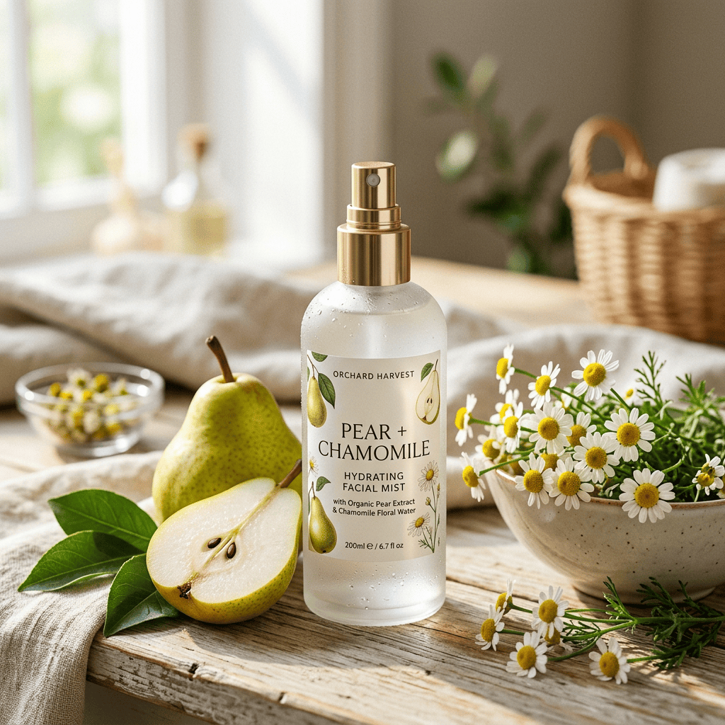 Pear and chamomile hydrating facial mist bottle with pears and daisies