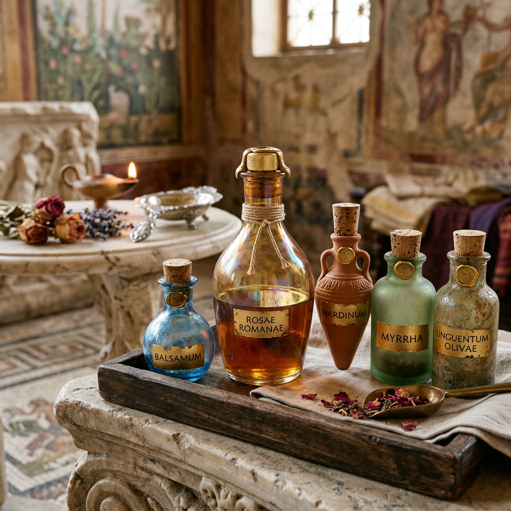 Labeled bottles reading BALSAMUM, ROSAE ROMANAE, NARDINUM, MYRRHA, and UNGUENTUM OLIVAE