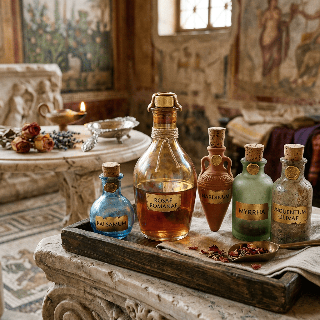 Labeled bottles reading BALSAMUM, ROSAE ROMANAE, NARDINUM, MYRRHA, and UNGUENTUM OLIVAE