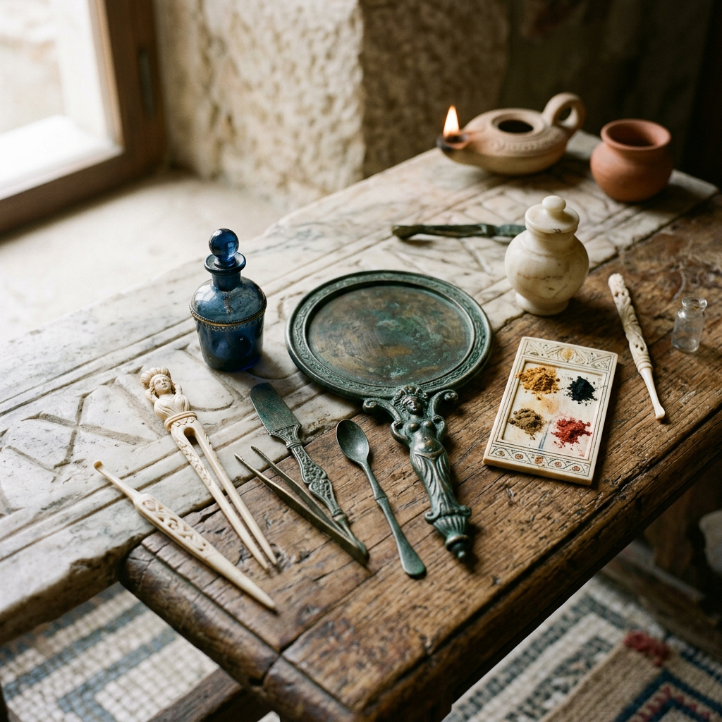Antique ritual objects, vessels, utensils, pigments, and an oil lamp on a wooden table