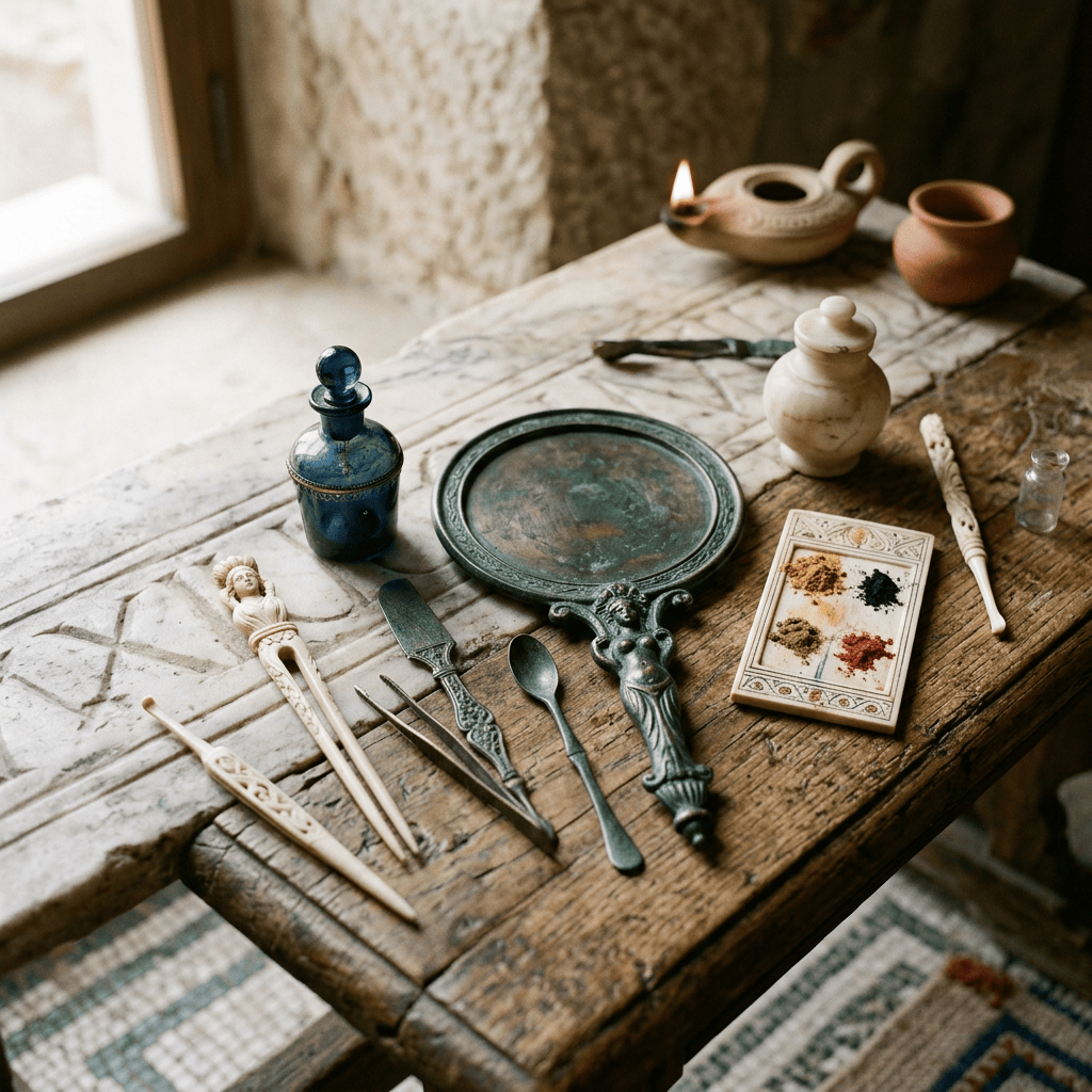 Antique ritual objects, vessels, utensils, pigments, and an oil lamp on a wooden table