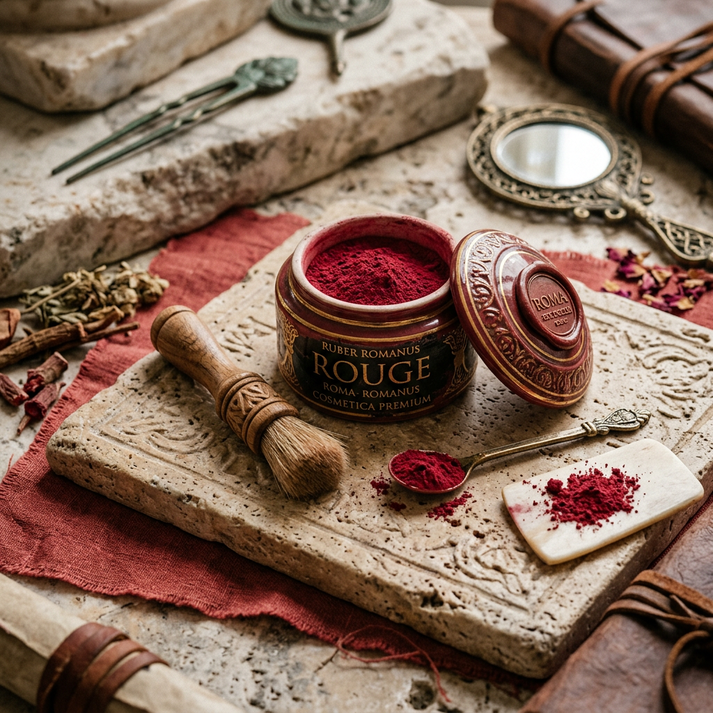 Open jar labeled Roman Rouge containing red cosmetic powder, with brush, spoon, mirror, and herbs