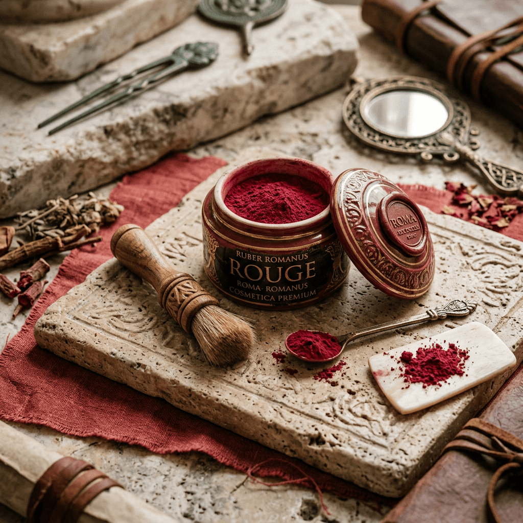 Open jar labeled Roman Rouge containing red cosmetic powder, with brush, spoon, mirror, and herbs