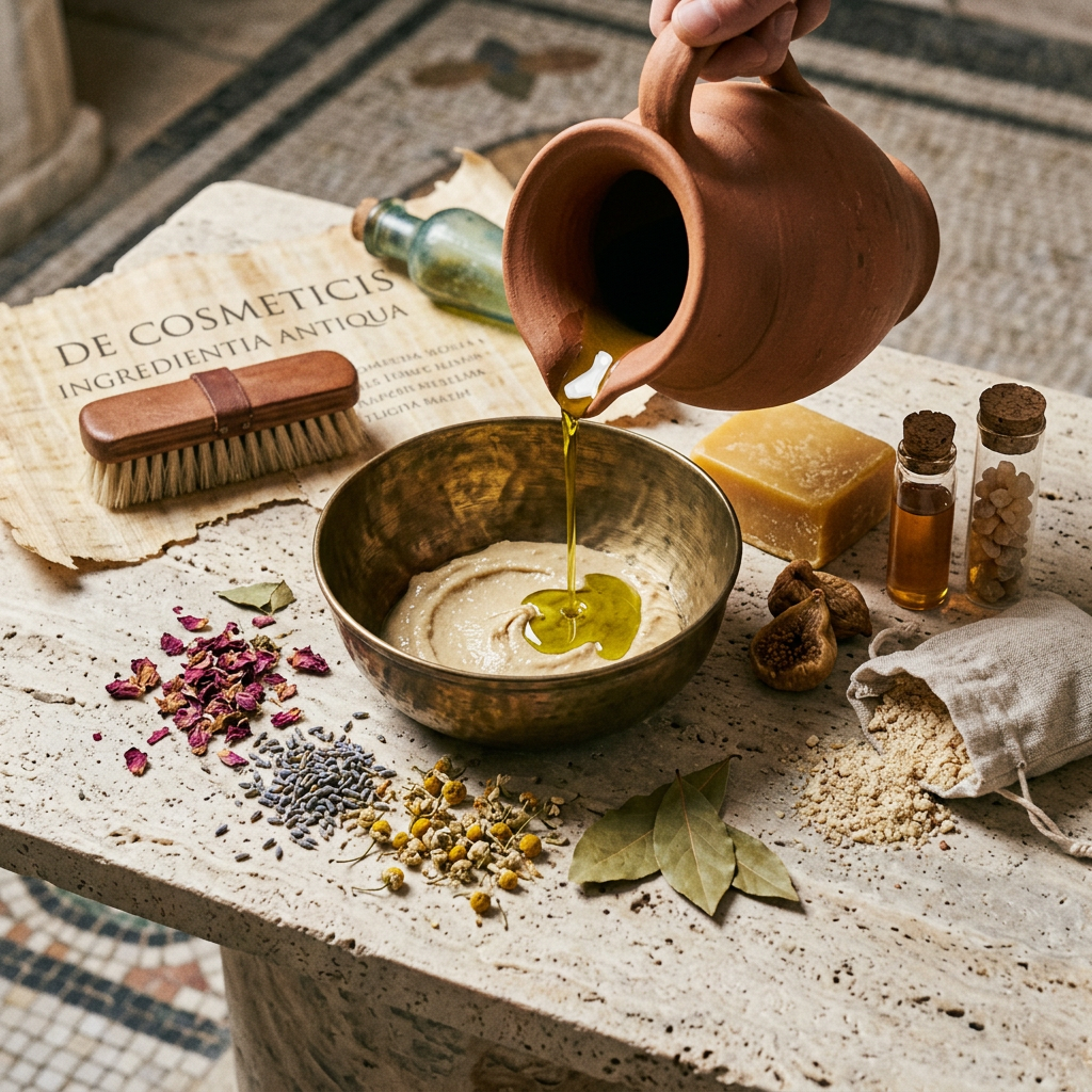 Terracotta jug pouring olive oil into a bowl of skincare mixture