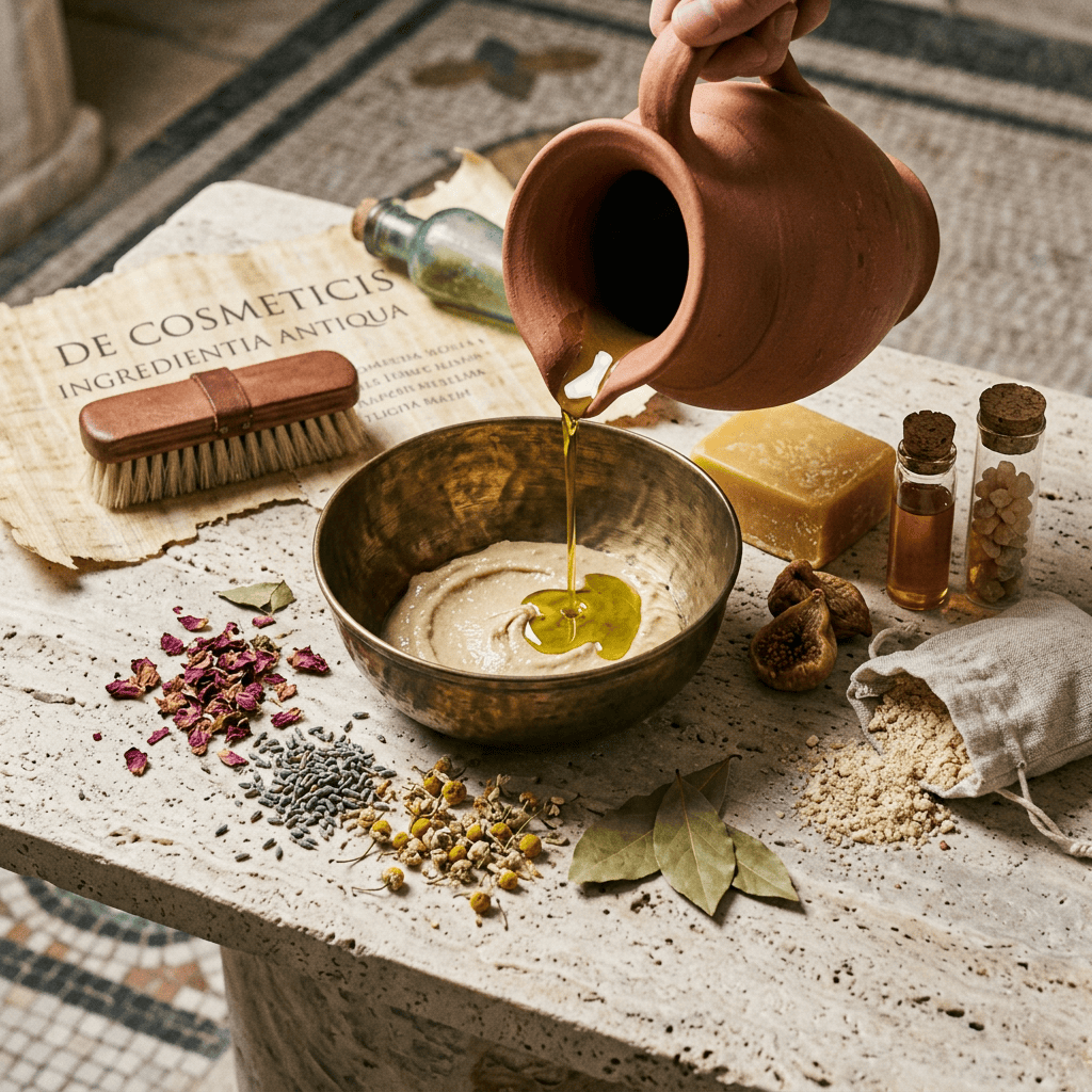 Terracotta jug pouring olive oil into a bowl of skincare mixture