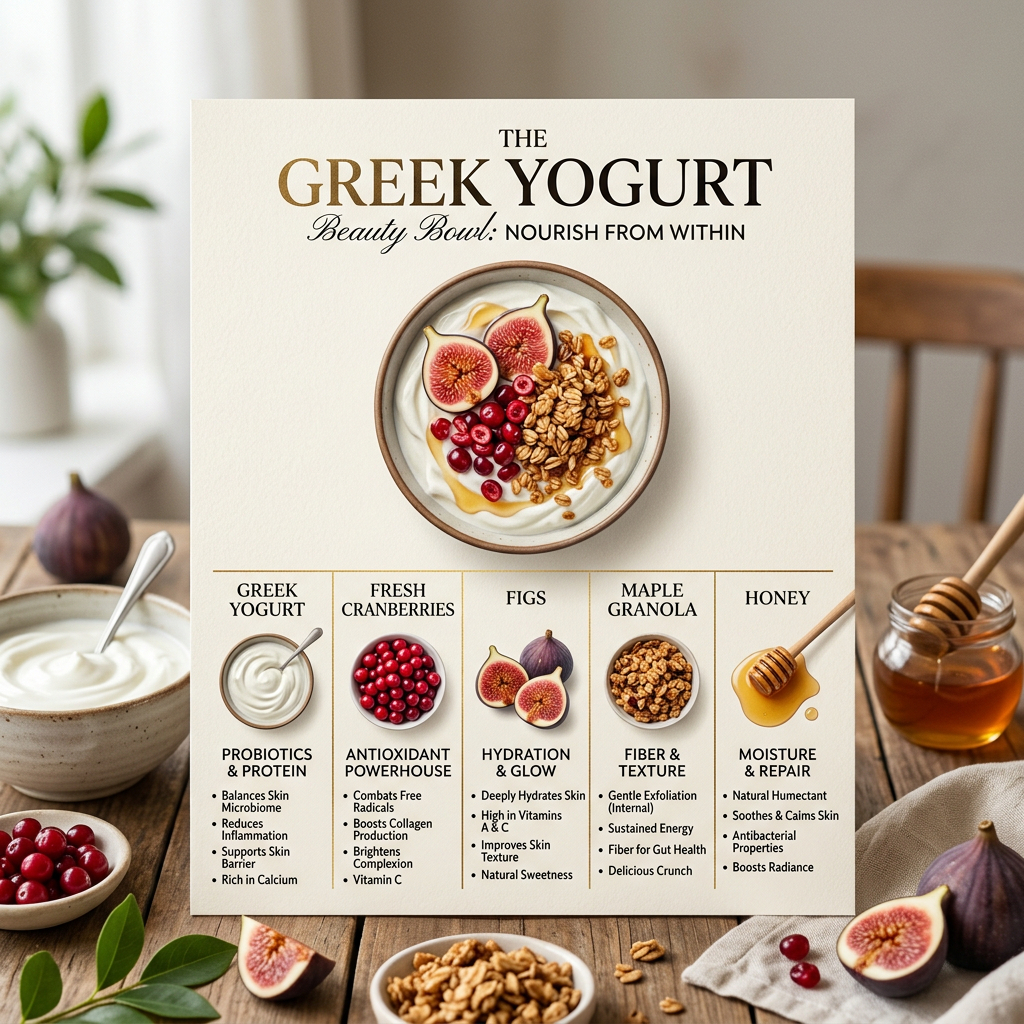 Poster reading "THE GREEK YOGURT Beauty Bowl: NOURISH FROM WITHIN" with a yogurt bowl and panels for Greek Yogurt, Fresh Cranberries, Figs, Maple Granola, and Honey, listing benefits including probiotics and protein, antioxidant power, hydration and glow, fiber and texture, and moisture and repair.