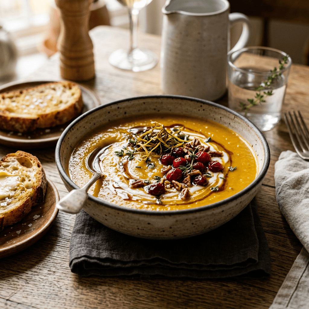 Golden soup topped with cranberries, pecans, herbs, and cream beside buttered bread