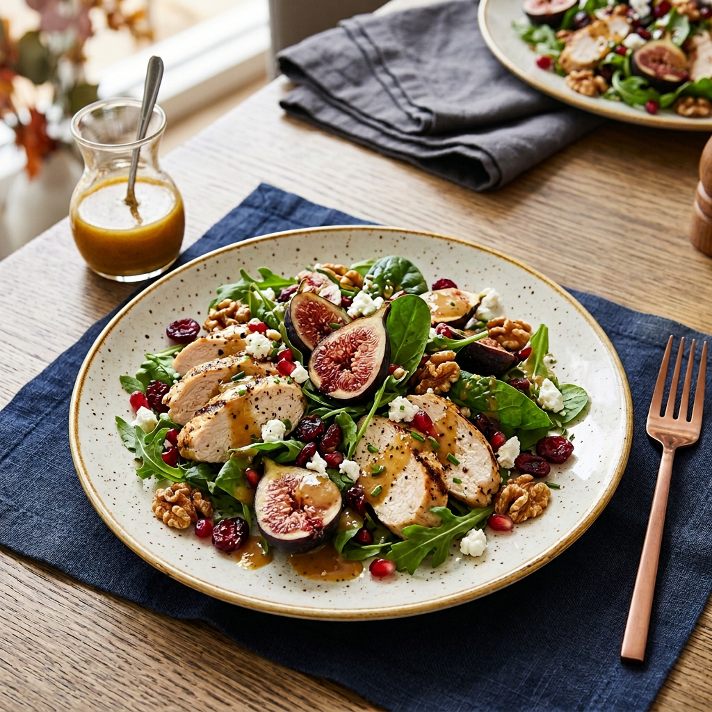 Chicken salad with figs, walnuts, berries, feta, and greens