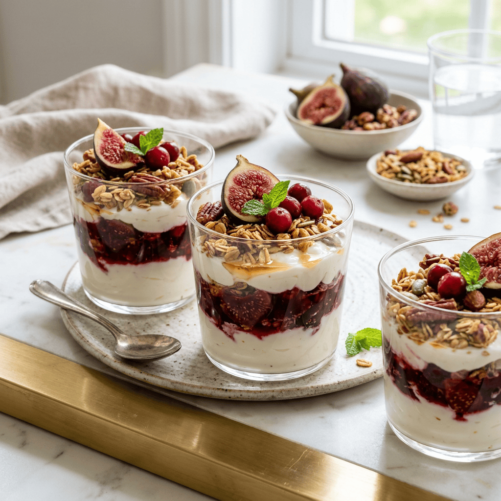 Three layered yogurt parfaits topped with granola, figs, cherries, and mint