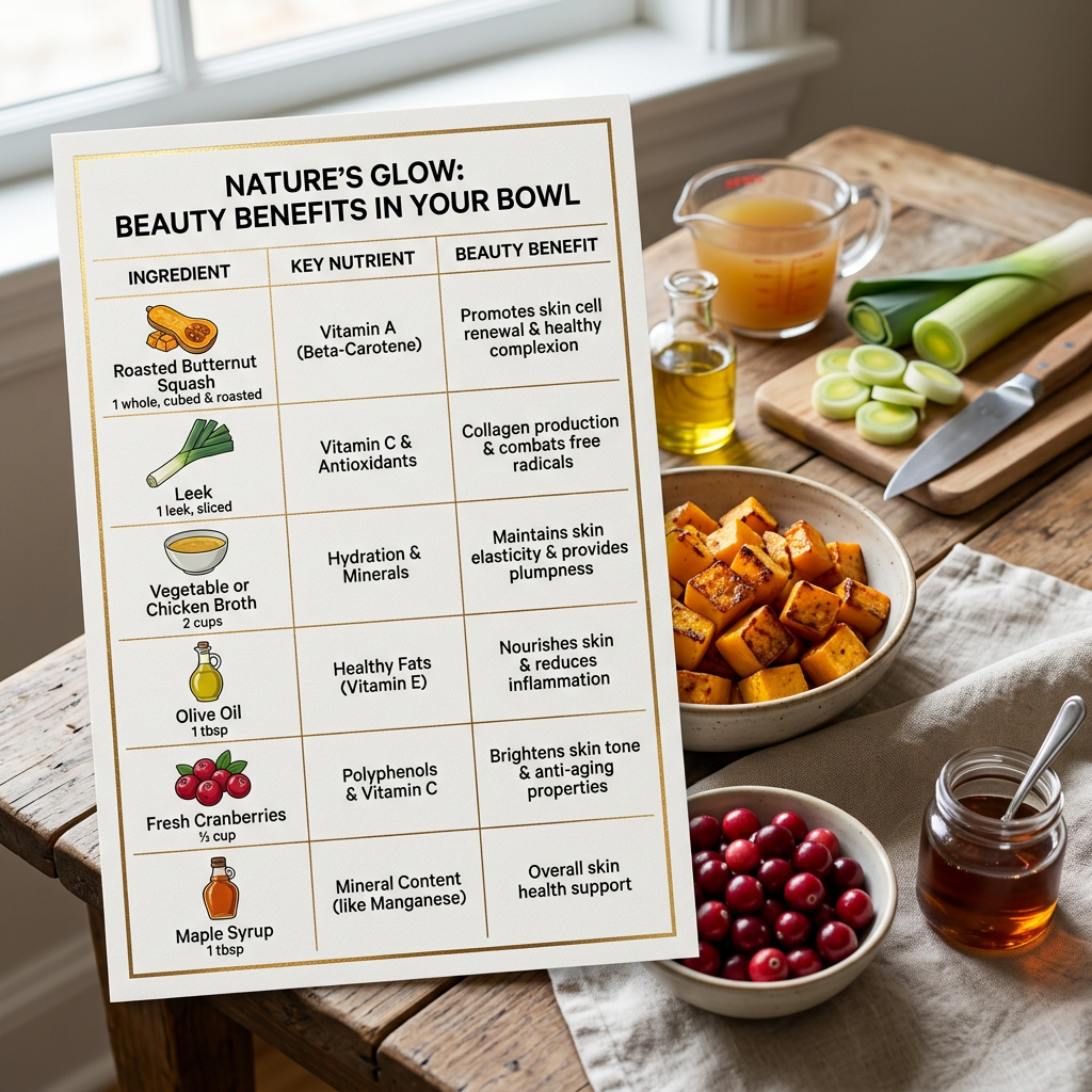 Chart titled “NATURE’S GLOW: BEAUTY BENEFITS IN YOUR BOWL” with columns “INGREDIENT,” “KEY NUTRIENT,” and “BEAUTY BENEFIT.” Rows: “Roasted Butternut Squash, 1 whole, cubed & roasted” — “Vitamin A (Beta-Carotene)” — “Promotes skin cell renewal & healthy complexion”; “Leek, 1 leek, sliced” — “Vitamin C & Antioxidants” — “Collagen production & combats free radicals”; “Vegetable or Chicken Broth, 2 cups” — “Hydration & Minerals” — “Maintains skin elasticity & provides plumpness”; “Olive Oil, 1 tbsp” — “Healthy Fats (Vitamin E)” — “Nourishes skin & reduces inflammation”; “Fresh Cranberries, ⅓ cup” — “Polyphenols & Vitamin C” — “Brightens skin tone & anti-aging properties”; “Maple Syrup, 1 tbsp” — “Mineral Content (like Manganese)” — “Overall skin health support.” Beside the chart are roasted squash, sliced leek, broth, olive oil, cranberries, maple syrup, a cutting board, and a knife.