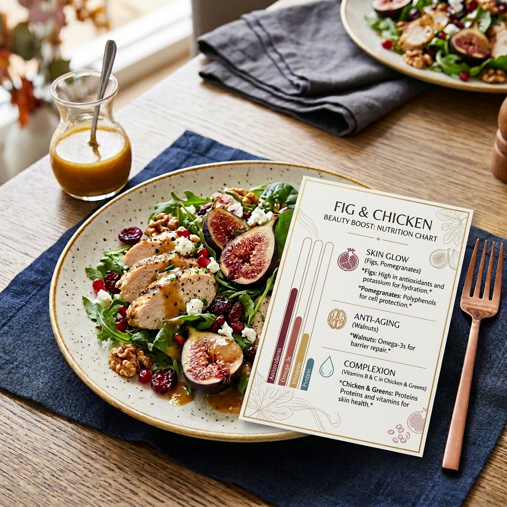 Chicken salad with figs, walnuts, berries, feta, and greens