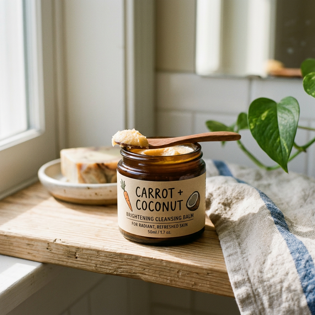 Jar labeled CARROT + COCONUT brightening cleansing balm beside a wooden spoon