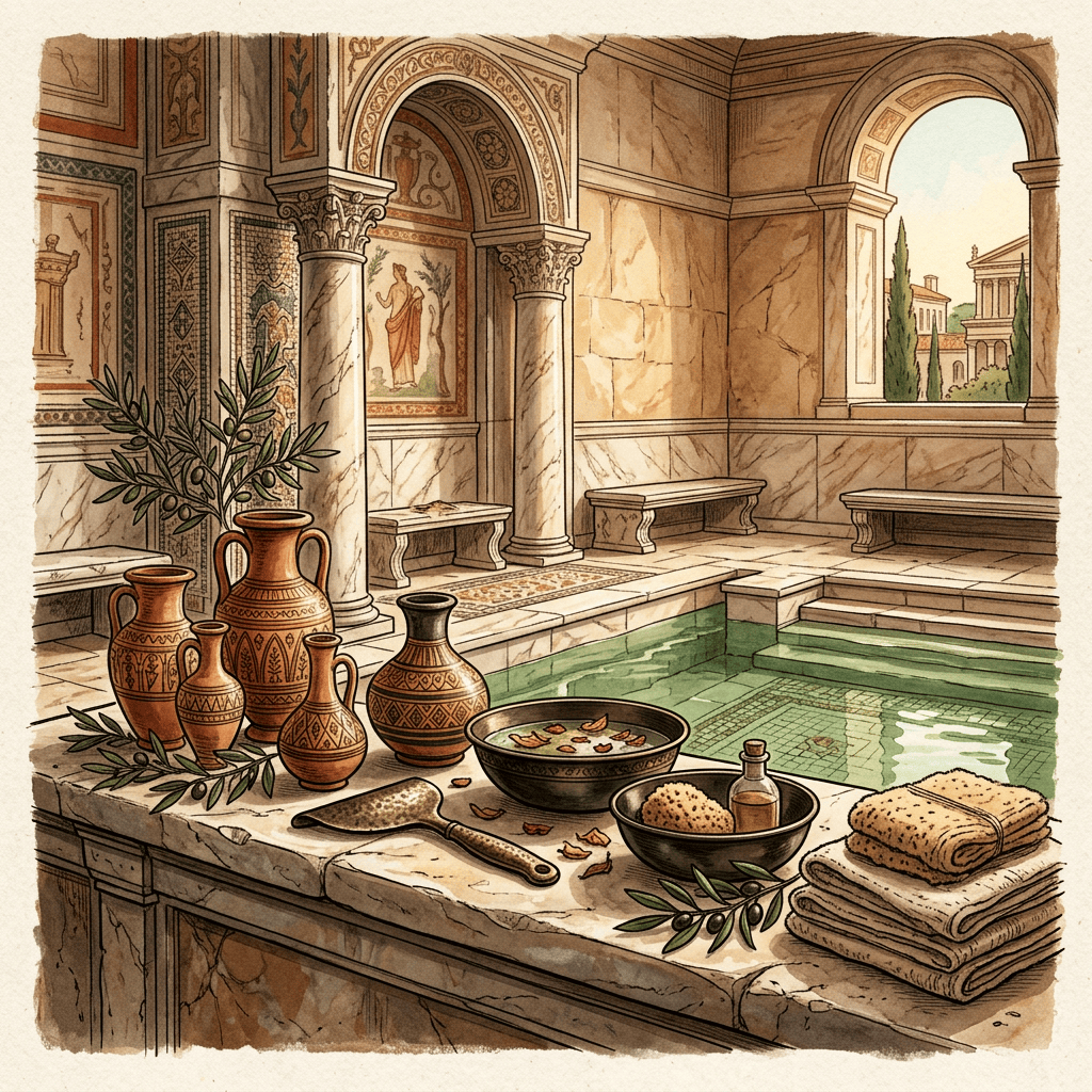 Illustrated Roman bath with pottery, pool, oils, bread, and towels