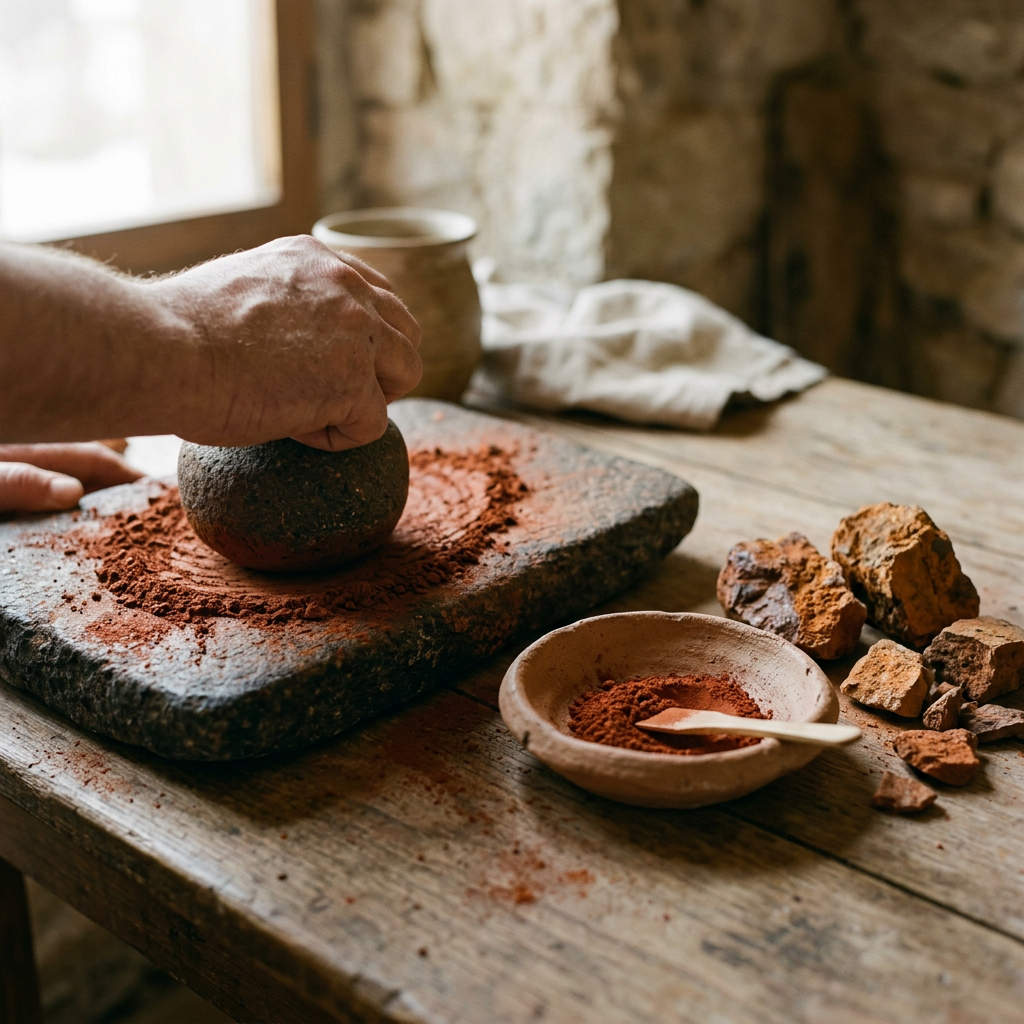 Hands grinding red pigment on a stone slab beside mineral pieces