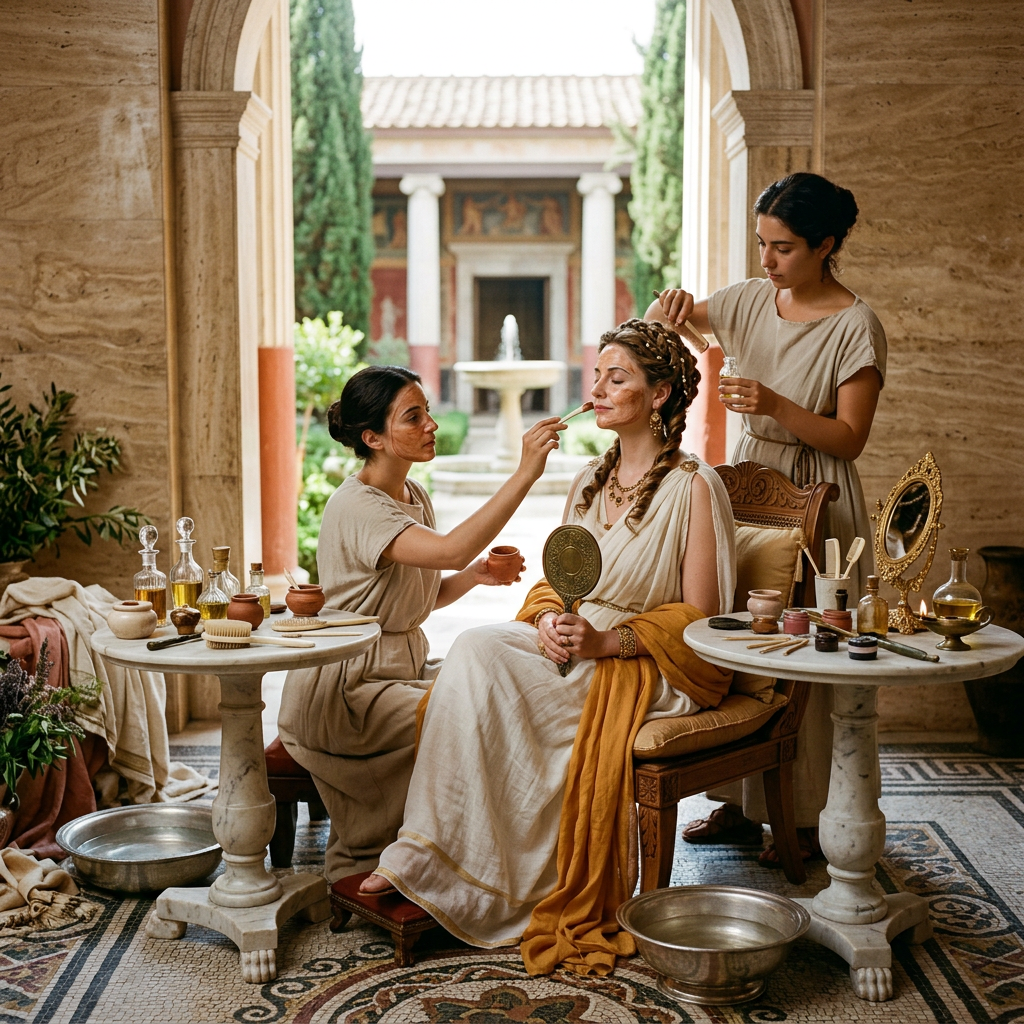 Two attendants apply makeup and arrange hair for a seated woman in a Roman villa.