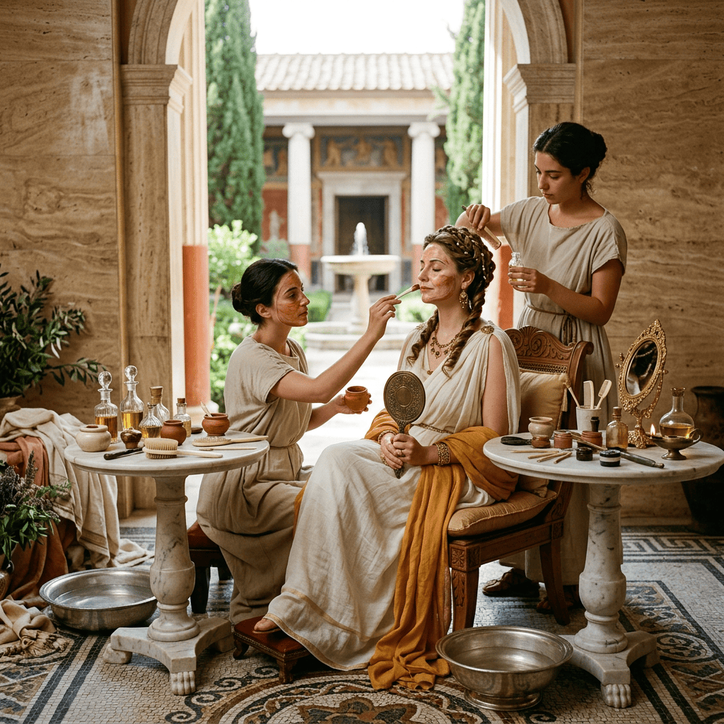 Two attendants apply makeup and arrange hair for a seated woman in a Roman villa.