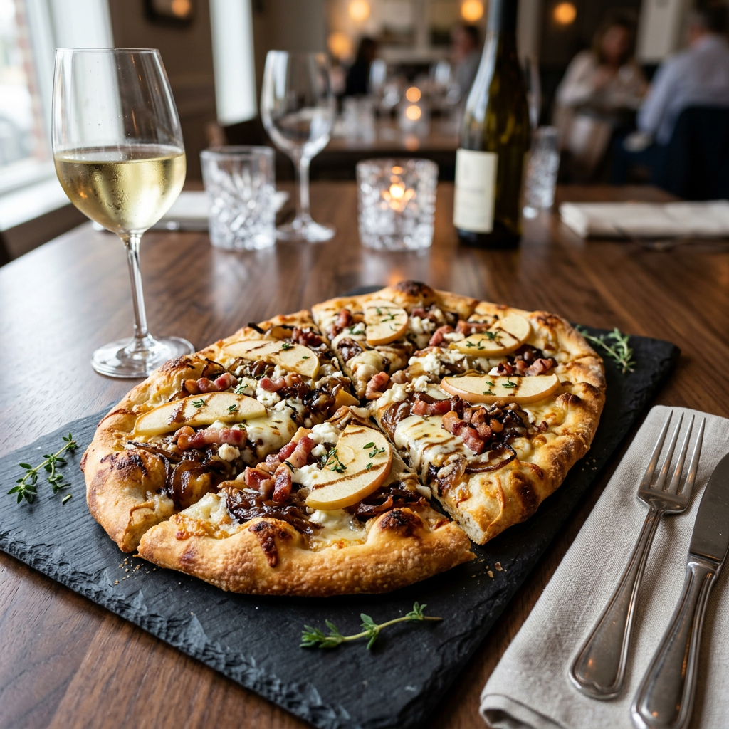 Gourmet pizza topped with pear, bacon, cheese, and caramelized onions beside white wine