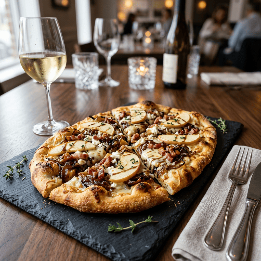 Gourmet pizza topped with pear, bacon, cheese, and caramelized onions beside white wine