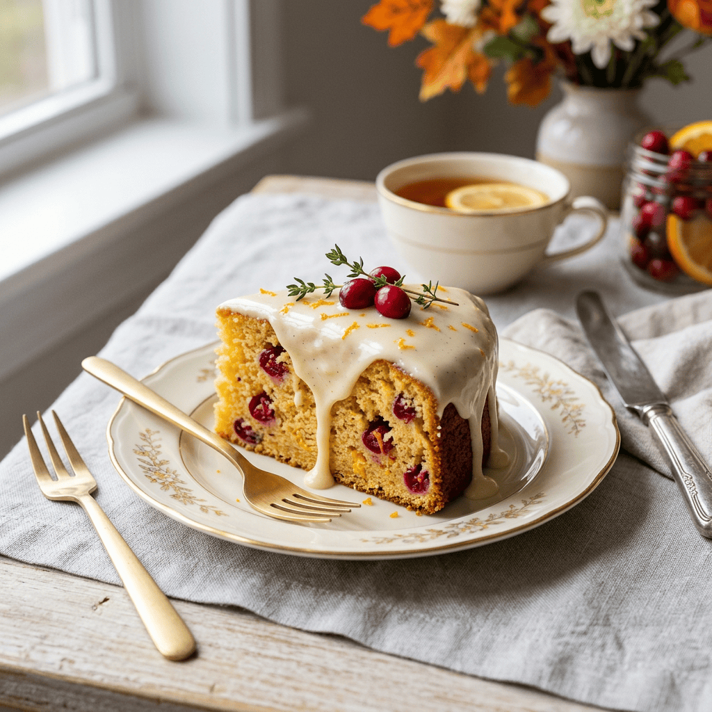 Slice of glazed cranberry cake with tea, berries, and autumn flowers