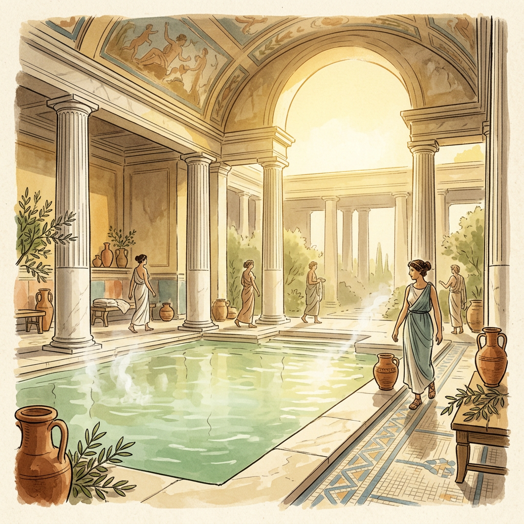 Illustration of women in a Roman villa courtyard beside a shallow pool