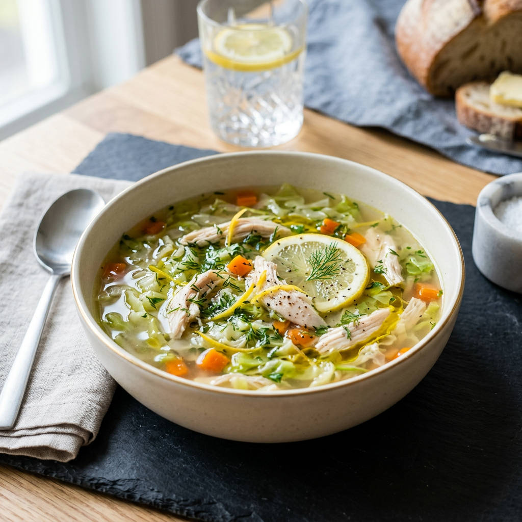 Bowl of lemon chicken soup with chicken, vegetables, dill, and lemon slices