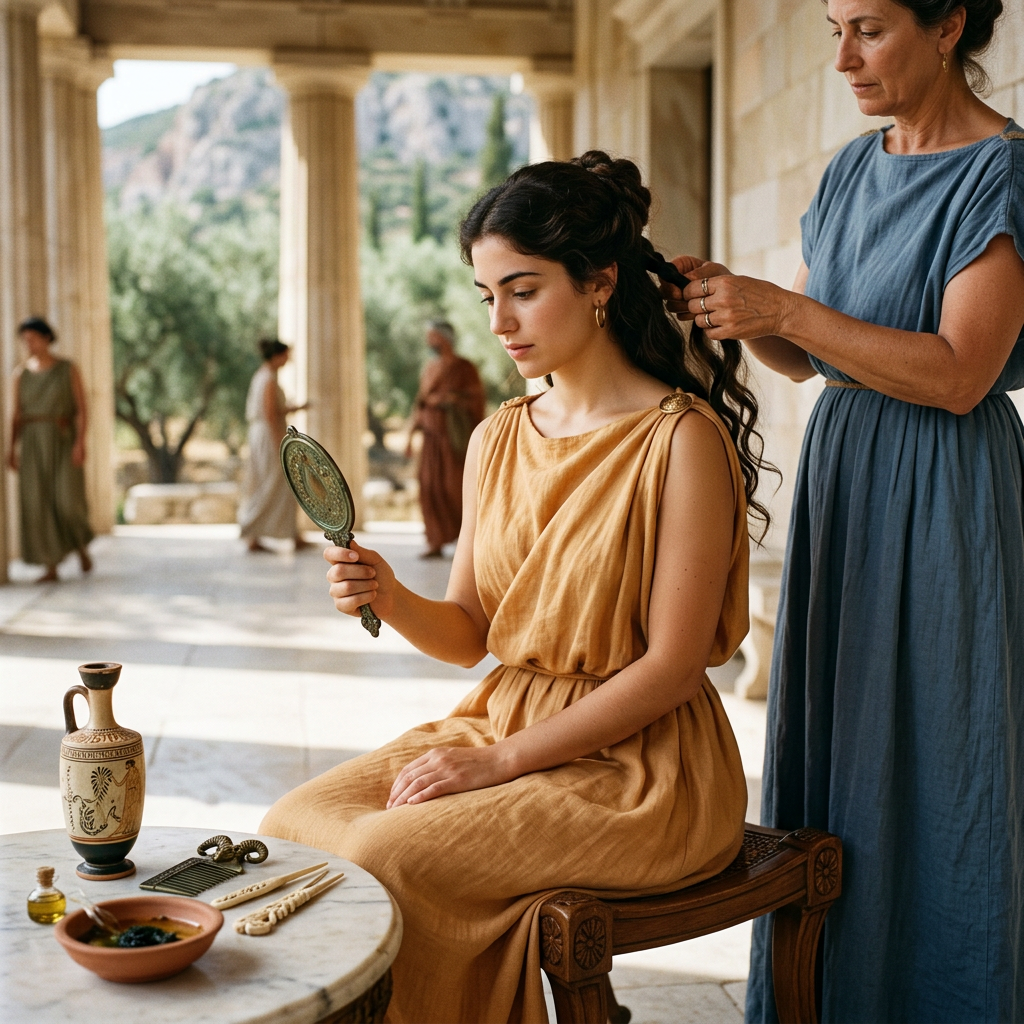 Woman styling another woman's hair while she holds a hand mirror