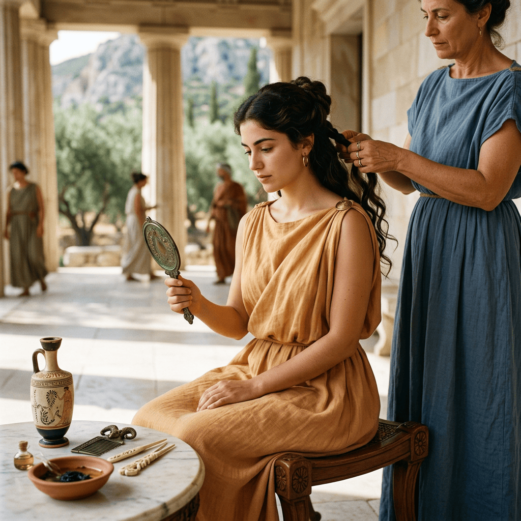 Woman styling another woman's hair while she holds a hand mirror