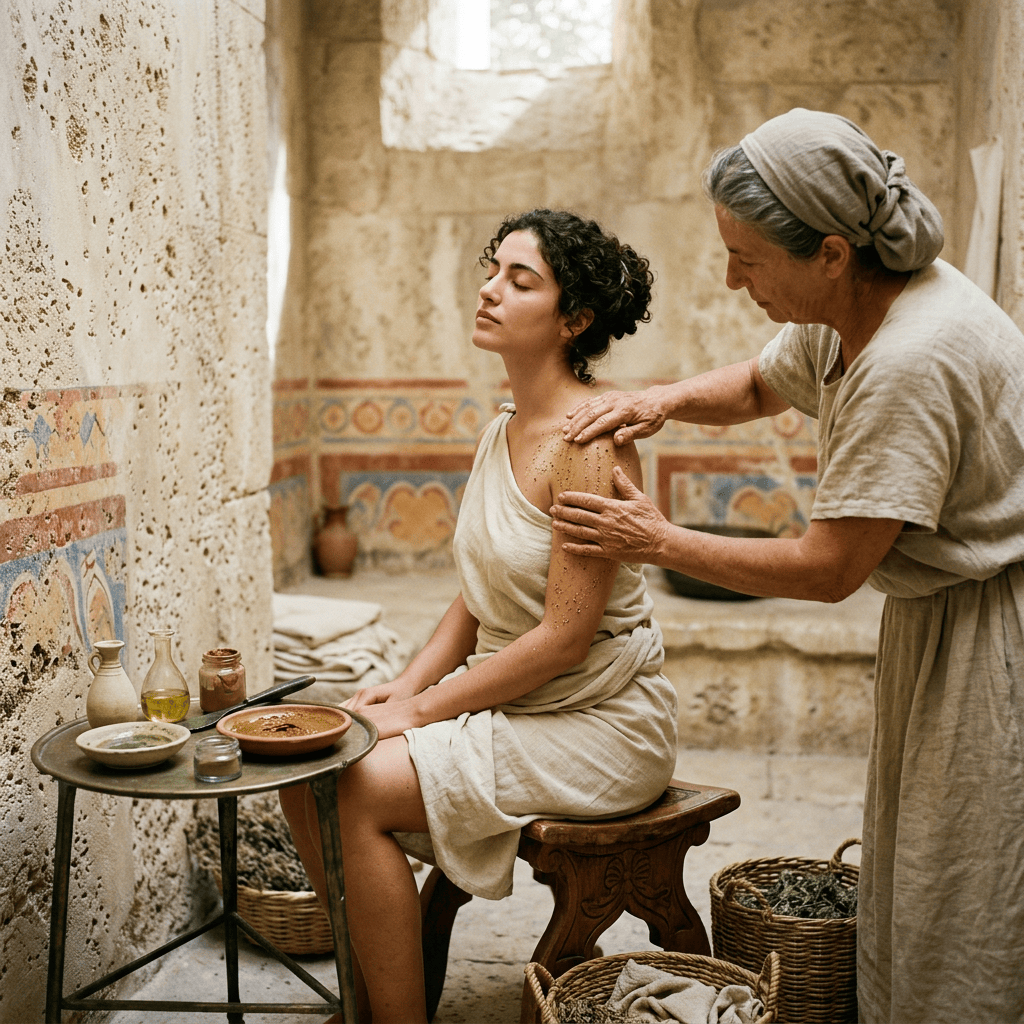 Attendant applying a natural body treatment to a seated woman