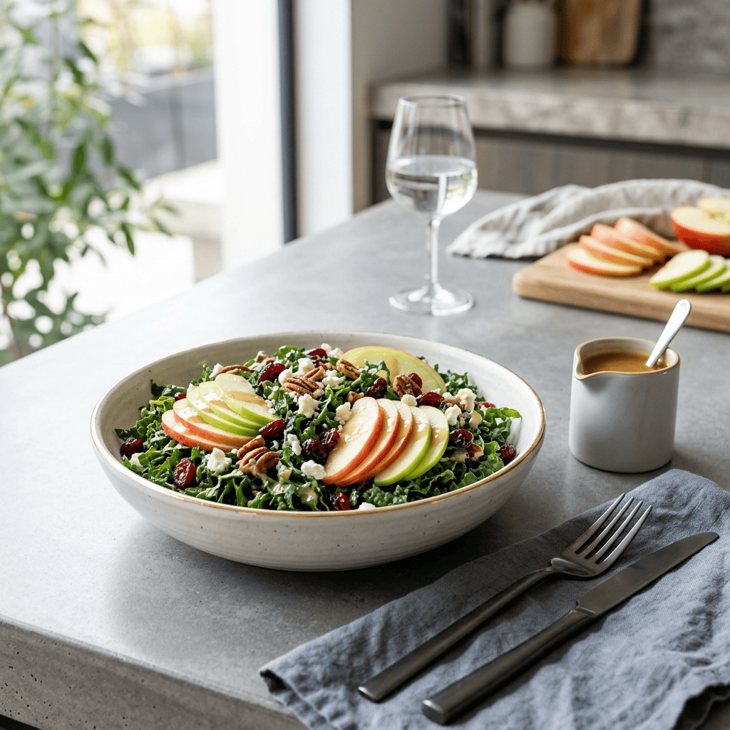 Kale salad topped with apple slices, cranberries, pecans, and feta
