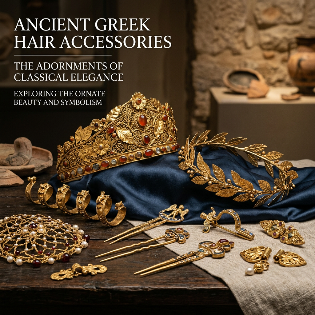 ANCIENT GREEK HAIR ACCESSORIES; THE ADORNMENTS OF CLASSICAL ELEGANCE; EXPLORING THE ORNATE BEAUTY AND SYMBOLISM, with gold jewelry displayed on dark fabric.