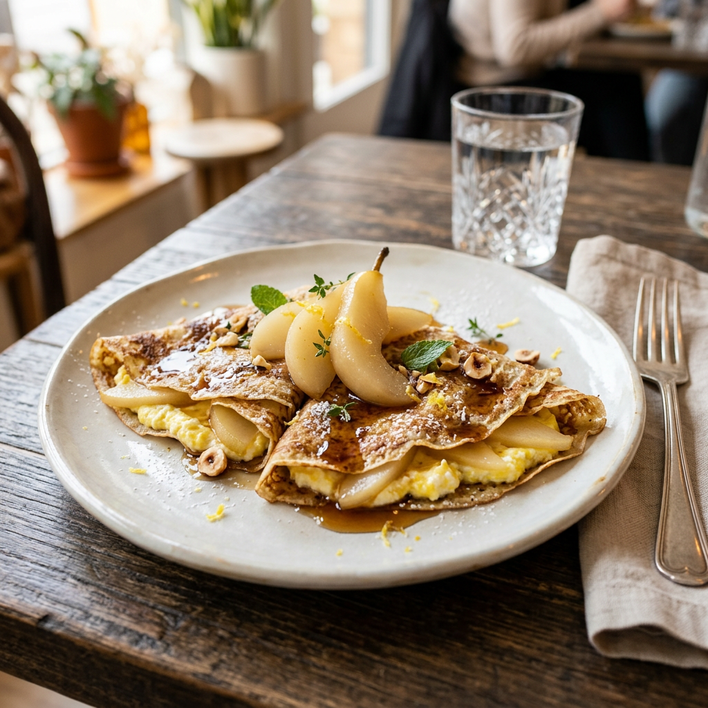 Golden crepes with pears, cream, syrup, hazelnuts, and mint