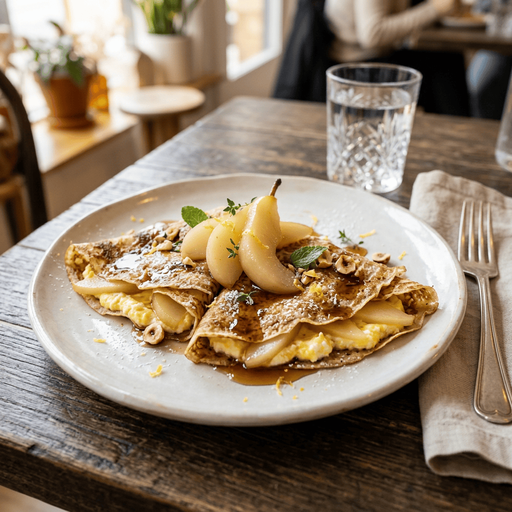 Golden crepes with pears, cream, syrup, hazelnuts, and mint