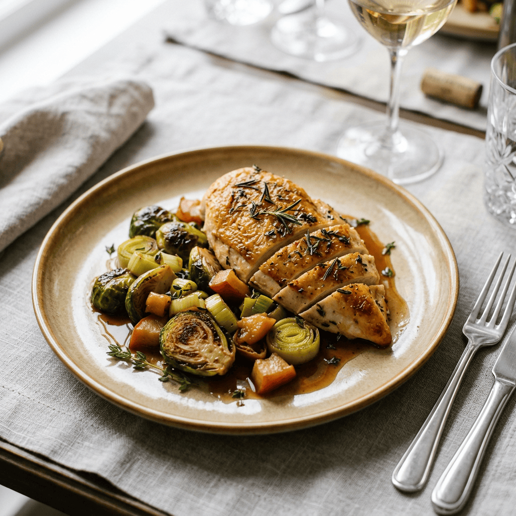 Sliced herb-roasted chicken with Brussels sprouts and vegetables on a plate