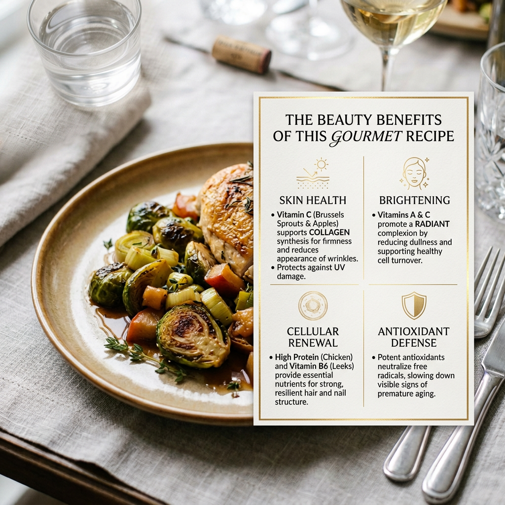 Sliced herb-roasted chicken with Brussels sprouts and vegetables on a plate