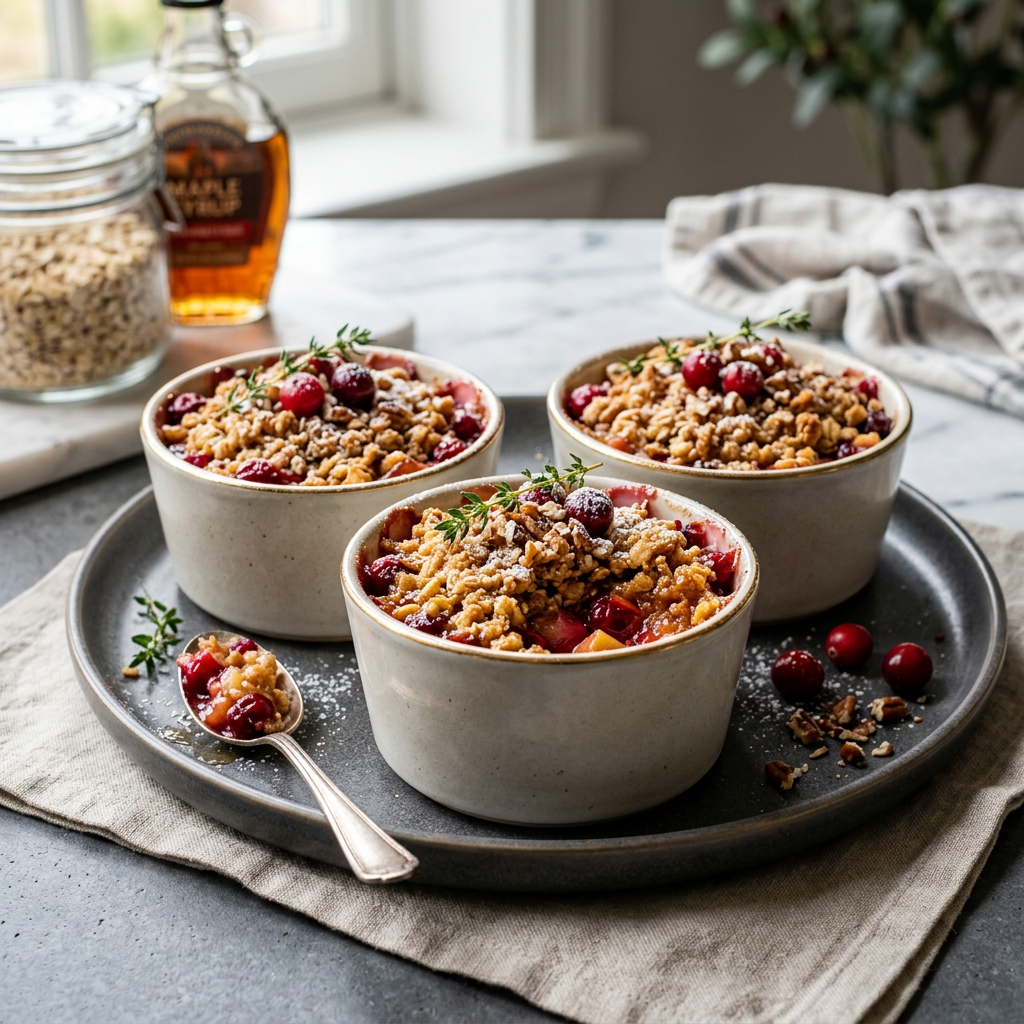 Three individual cranberry crumbles with golden topping on a serving plate