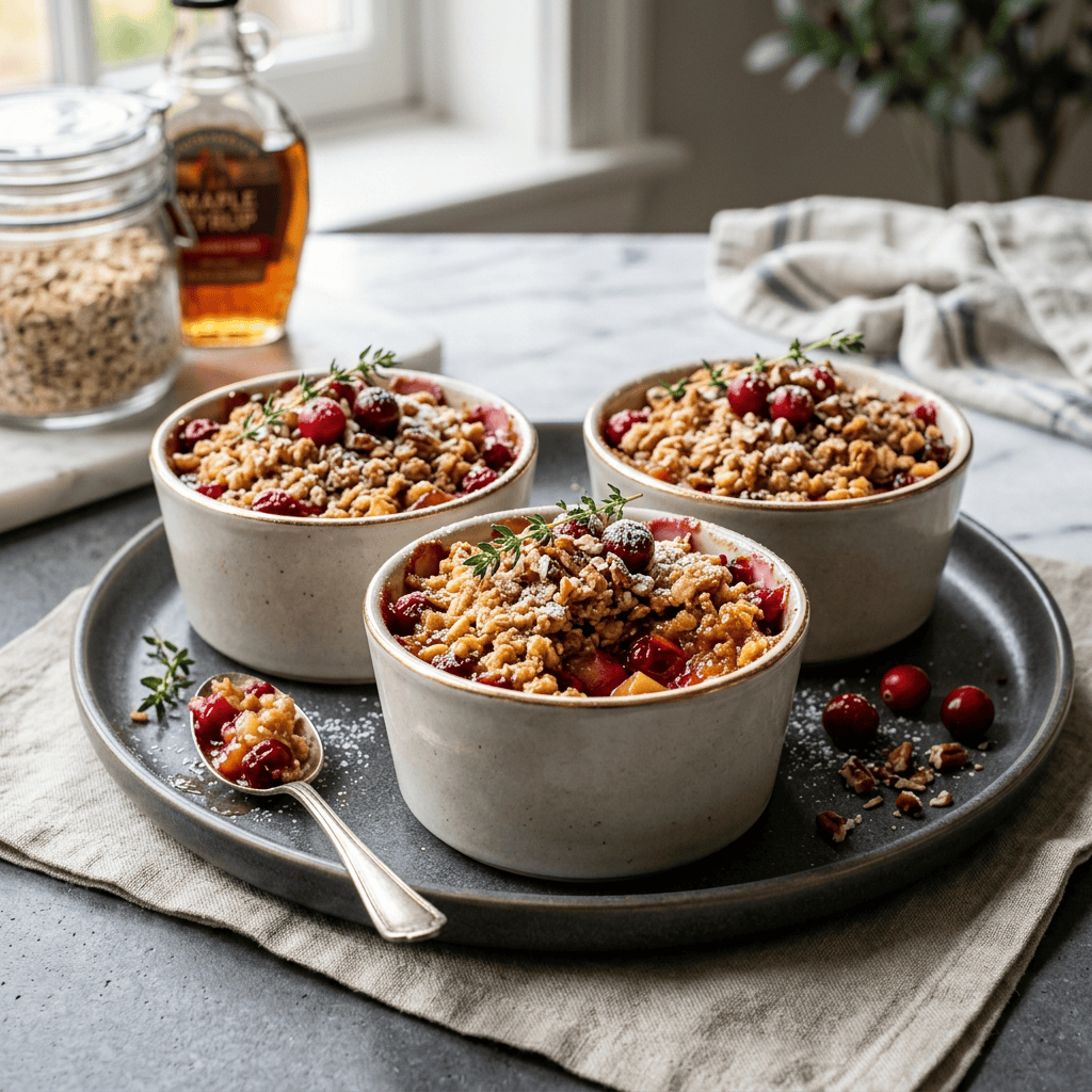 Three individual cranberry crumbles with golden topping on a serving plate