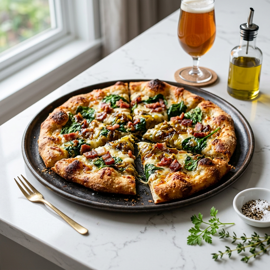 Pizza topped with spinach, bacon, onions, and cheese beside a glass of beer