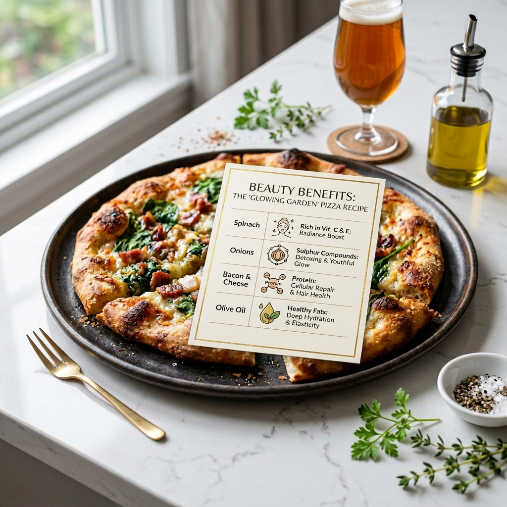 Pizza topped with spinach, bacon, onions, and cheese beside a glass of beer