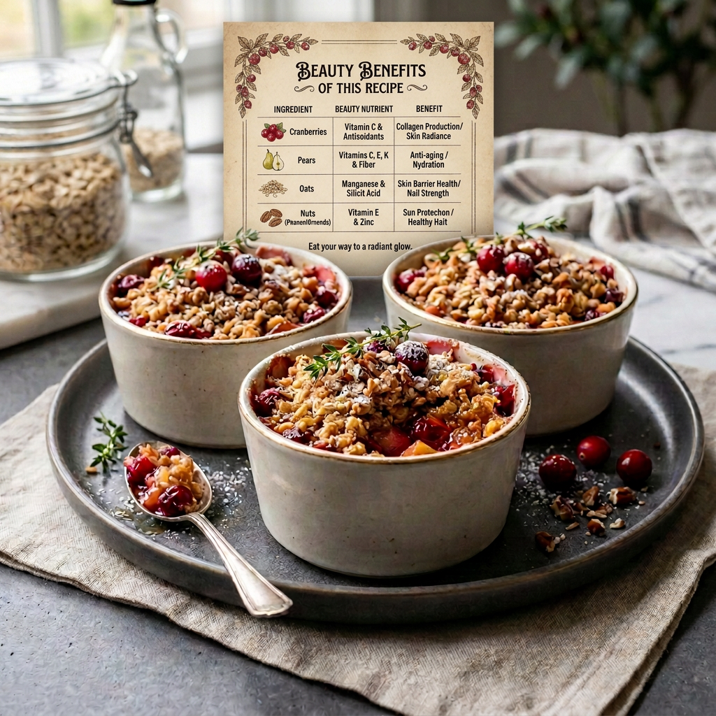 Three individual cranberry crumbles with golden topping on a serving plate