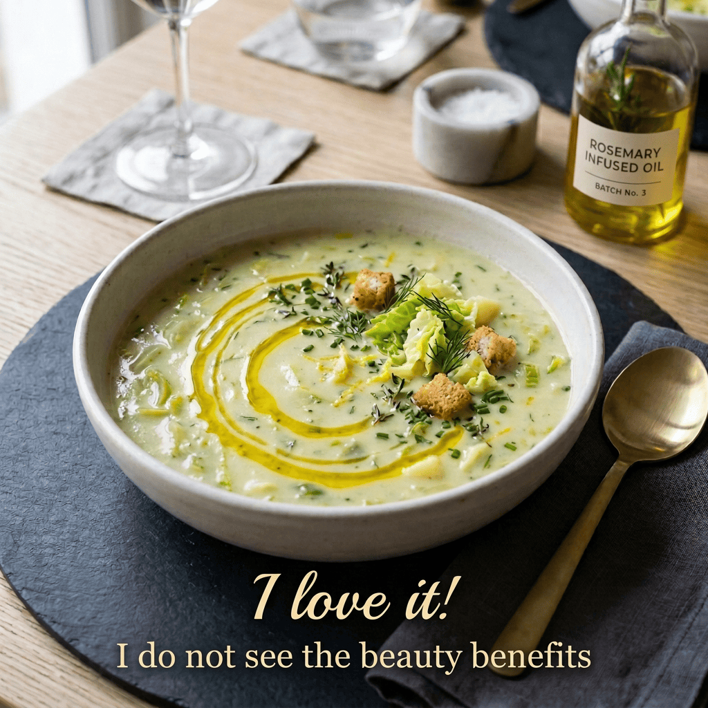 Bowl of creamy soup garnished with herbs, olive oil, greens, and croutons