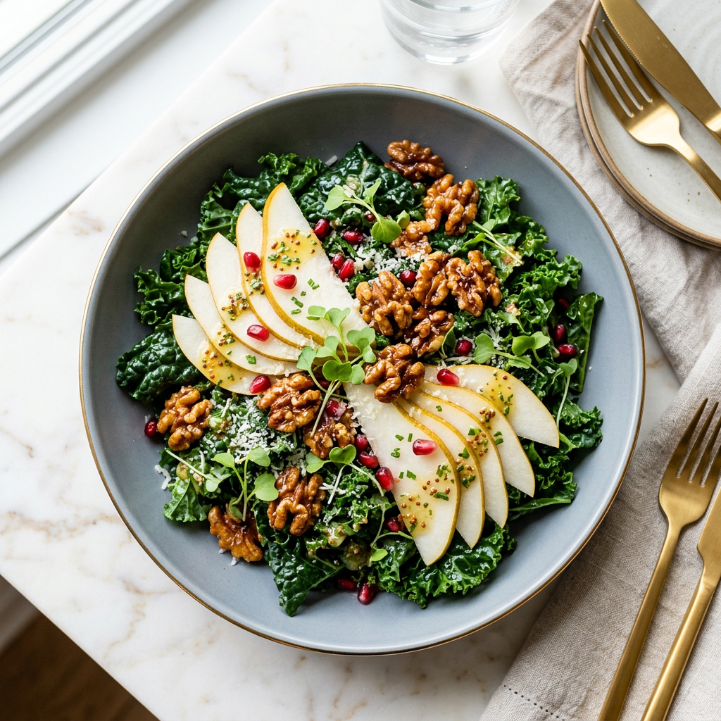 Lamon Typeface Kale, Pear & Maple‑Walnut Salad with Lemon‑Dijon Dressing – Face by Stace