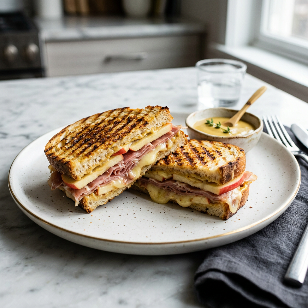 Premium prosciutto apple Gruyère panini with maple mustard