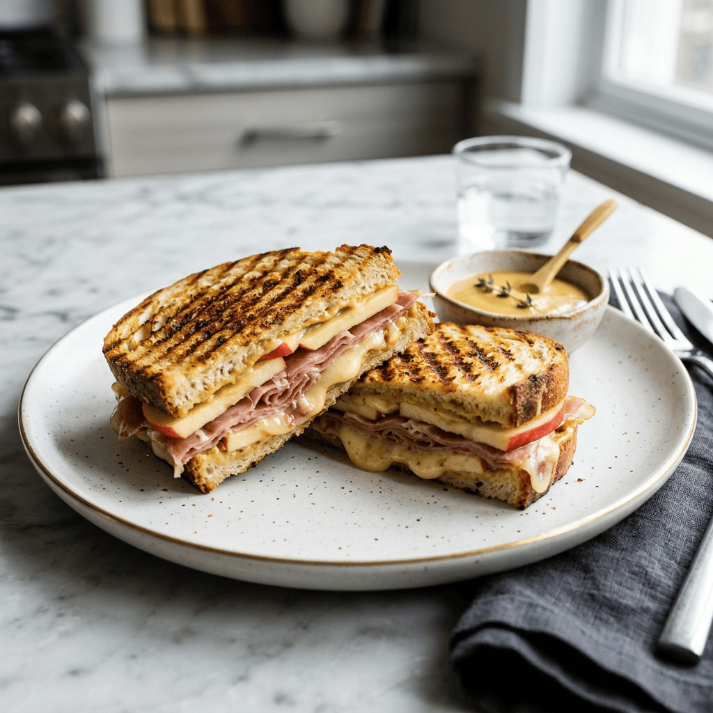 Premium prosciutto apple Gruyère panini with maple mustard
