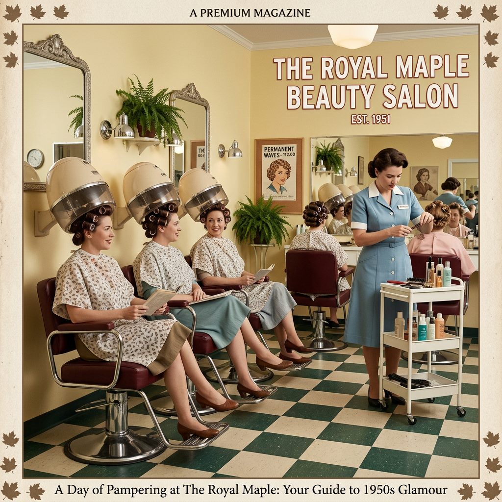 A PREMIUM MAGAZINE; THE ROYAL MAPLE BEAUTY SALON; EST. 1951; PERMANENT WAVES--112.00; A Day of Pampering at The Royal Maple: Your Guide to 1950s Glamour