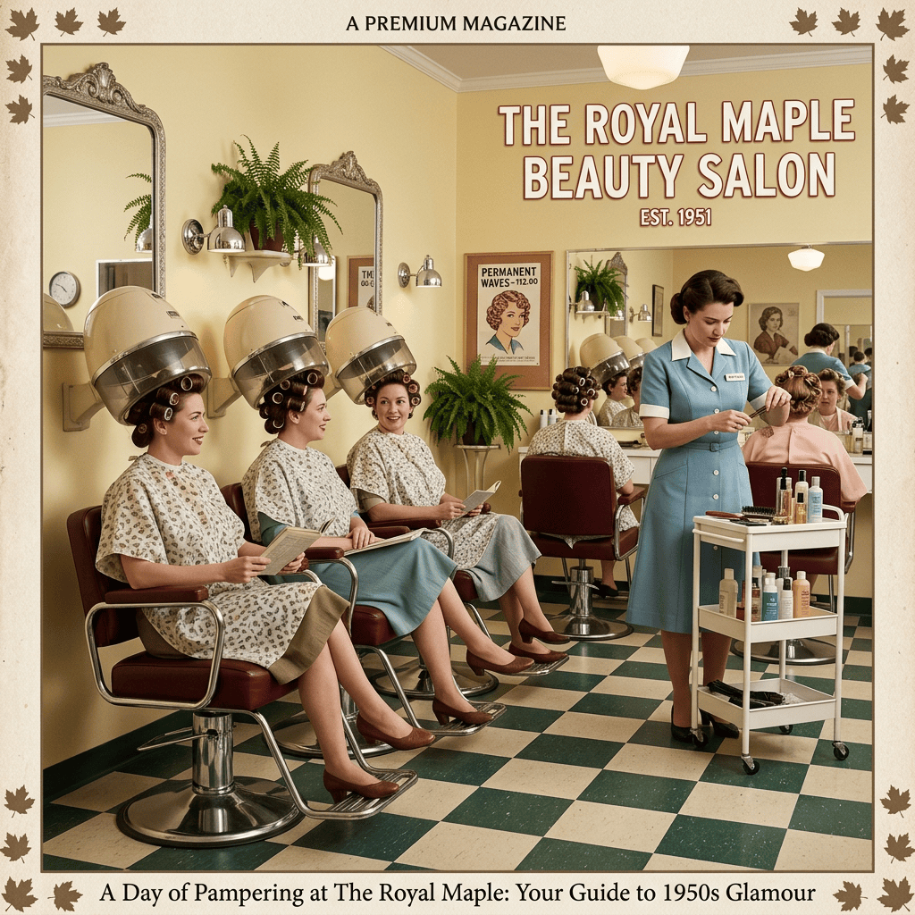 A PREMIUM MAGAZINE; THE ROYAL MAPLE BEAUTY SALON; EST. 1951; PERMANENT WAVES--112.00; A Day of Pampering at The Royal Maple: Your Guide to 1950s Glamour